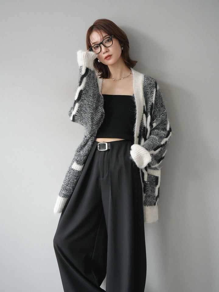 [SET]バイカラー編み込みデザインニットカーディガン+ベルトループデザインワイドパンツ(2set)