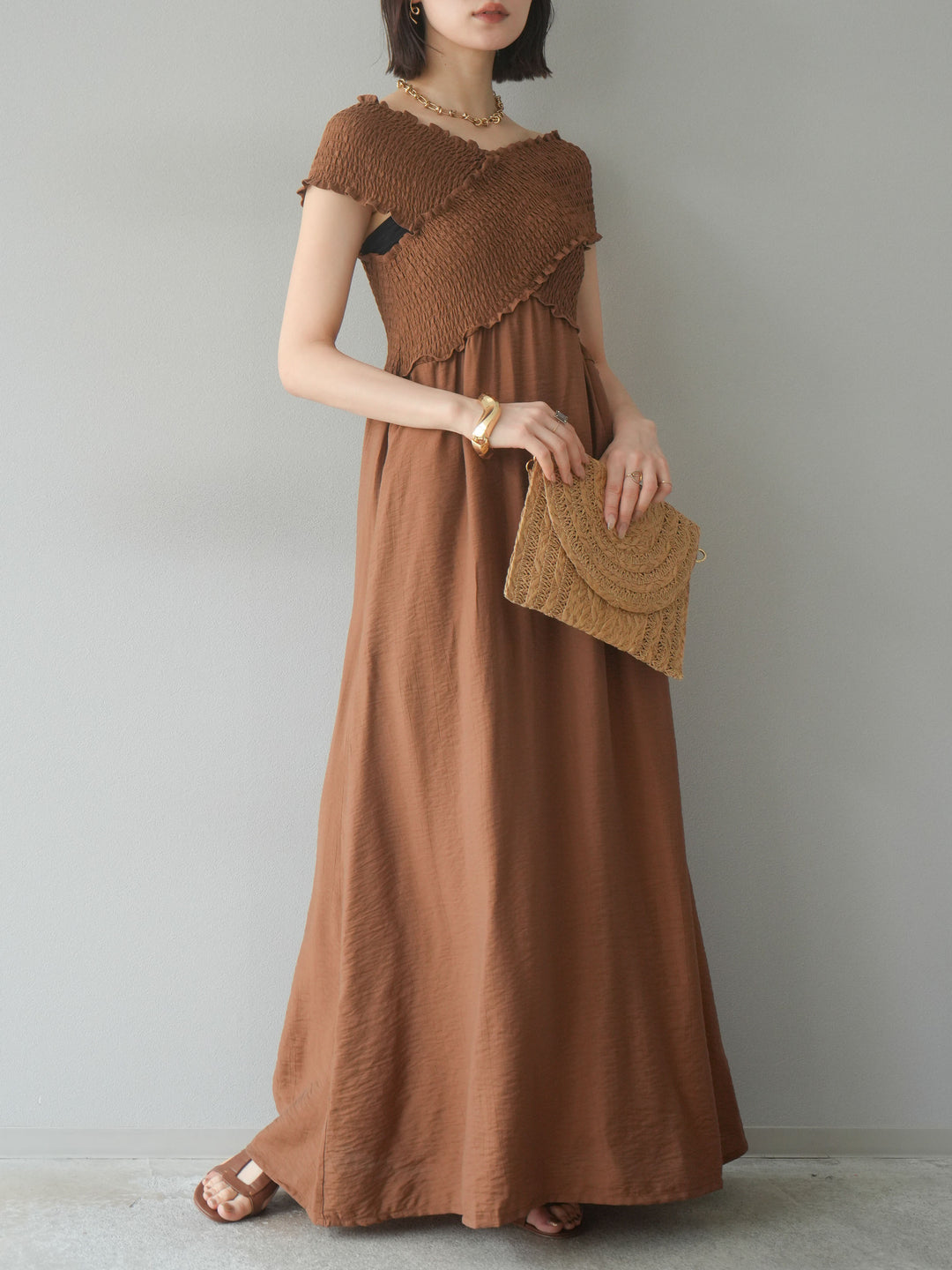 [予約]シャーリングクロスワンピース/ブラウン