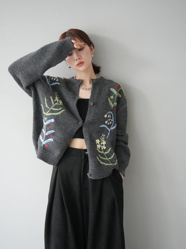 【預購】花朵刺繡針織開襟衫/炭灰色