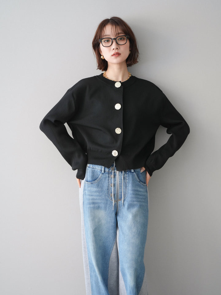 [SET]メタルボタンクルーネックニットカーディガン+デニム切替スウェットパンツ(2set)