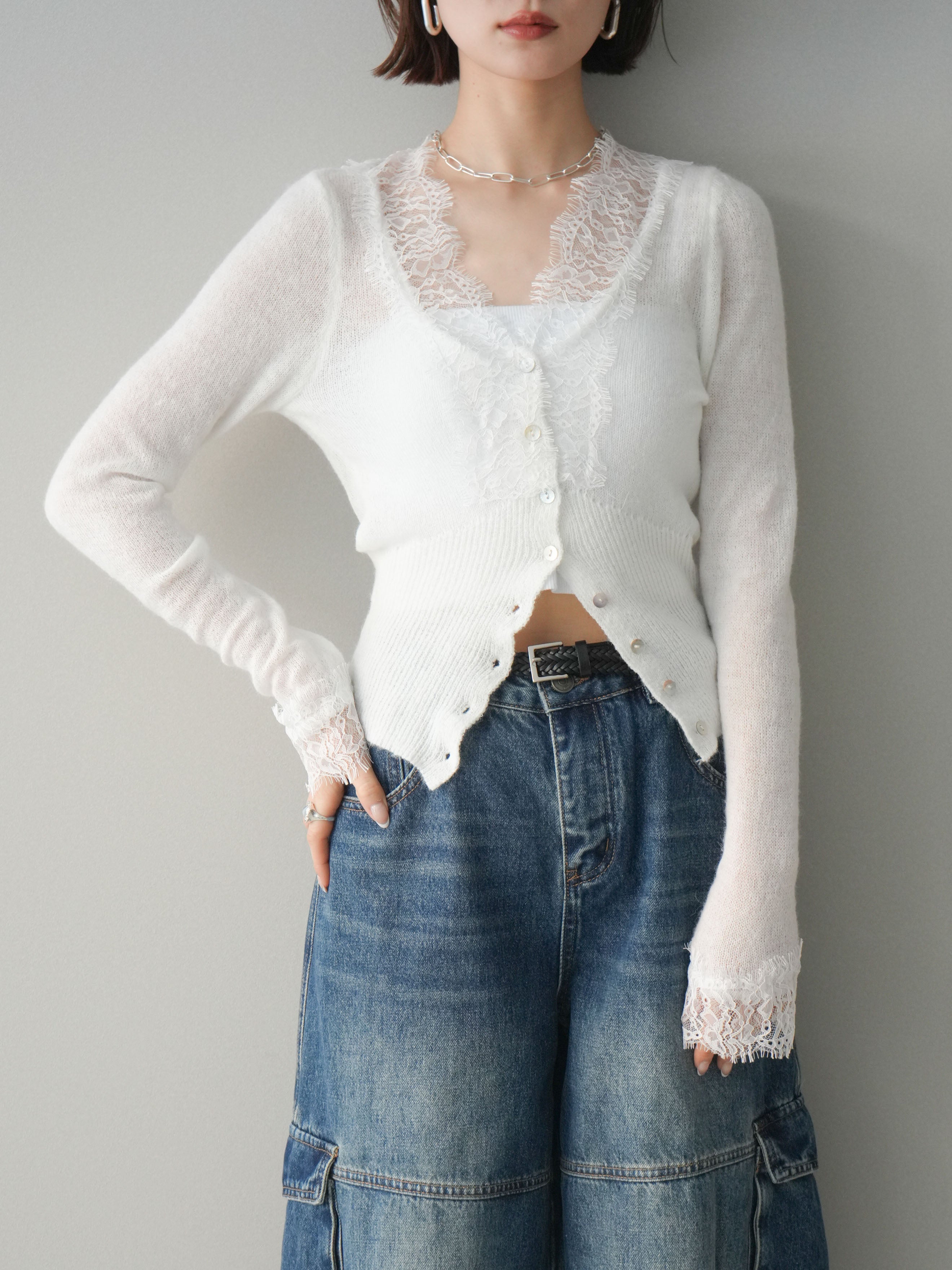 2点セット】lumier デニムニットカーデ+裾レーススカート Allure】[SET