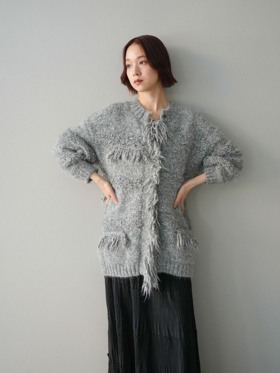 [SET]ミックスヤーンフリンジデザインニットジャケット+型押しスエードティアードプリーツスカート(2set)