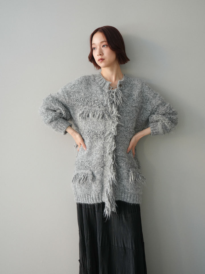 [SET]ミックスヤーンフリンジデザインニットジャケット+型押しスエードティアードプリーツスカート(2set)