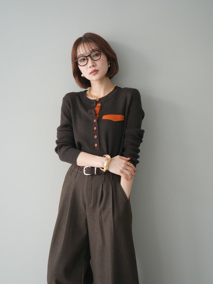 【預購】雙色拼接口袋亨利領針織衫/棕色