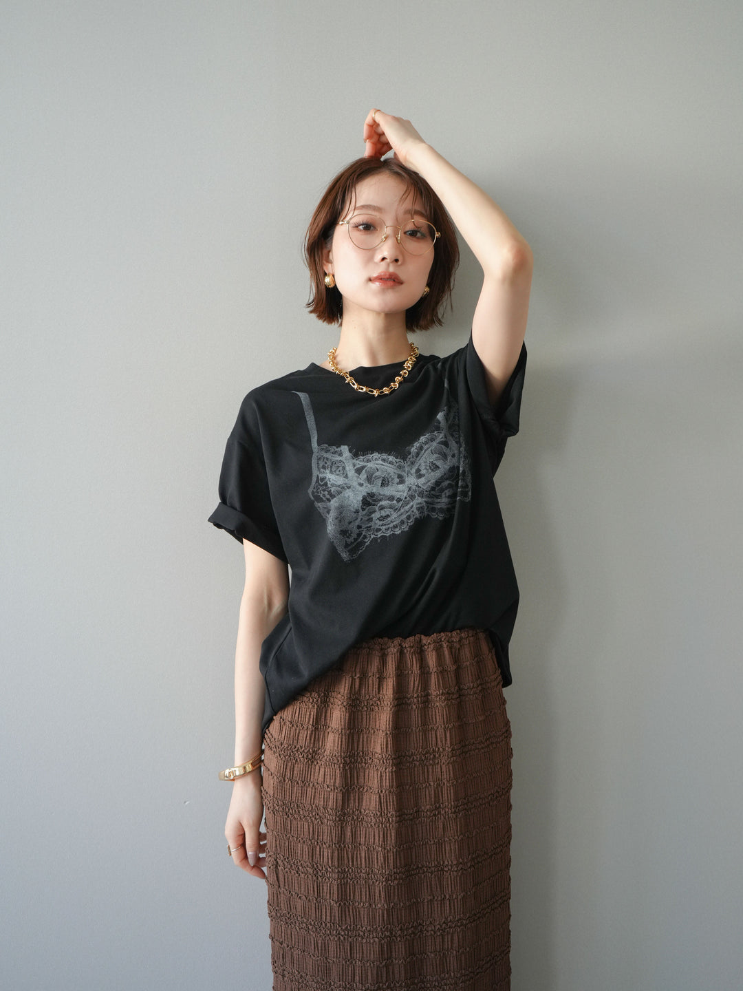 【預購】蕾絲圖案印花T卹/黑色