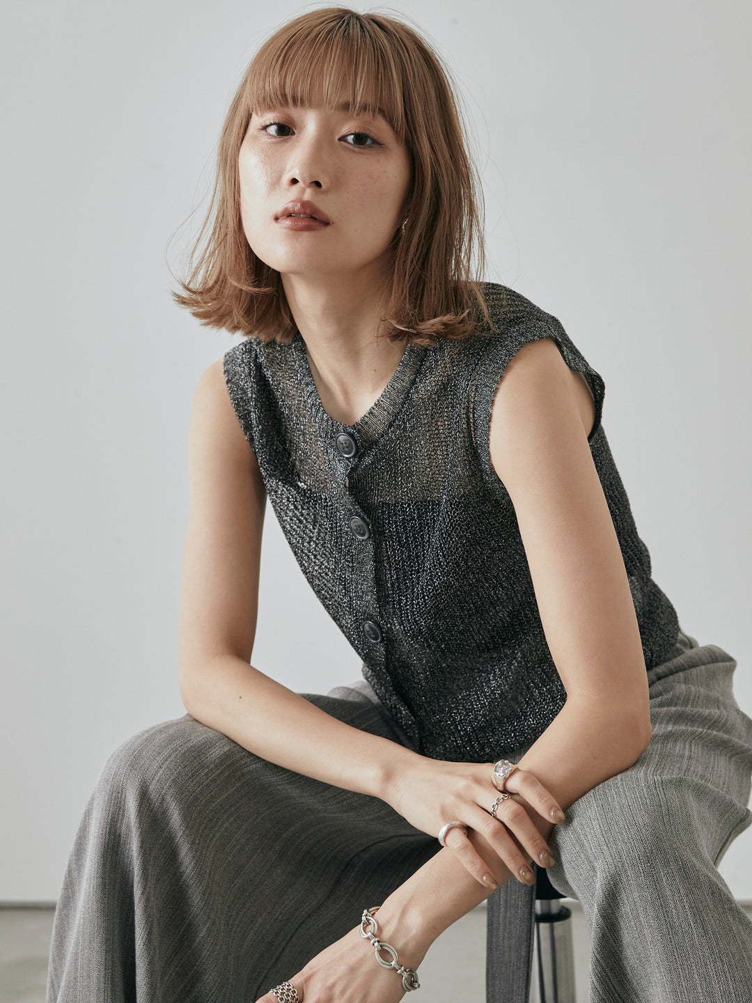 【預購】仿麻腰帶寬褲/灰色