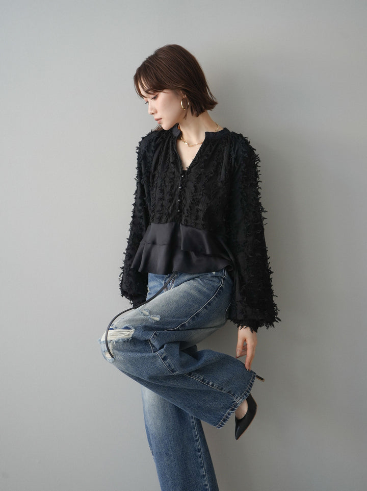 [SET]ジャガードぺプラムフリルブラウス+ジャガードぺプラムフリルブラウス(2set)