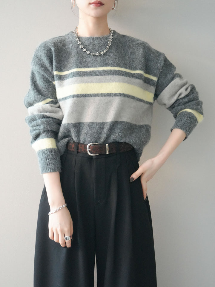 [SET]ソフトタッチボーダークロップドニットプルオーバー+選べるアクセセット(2set)