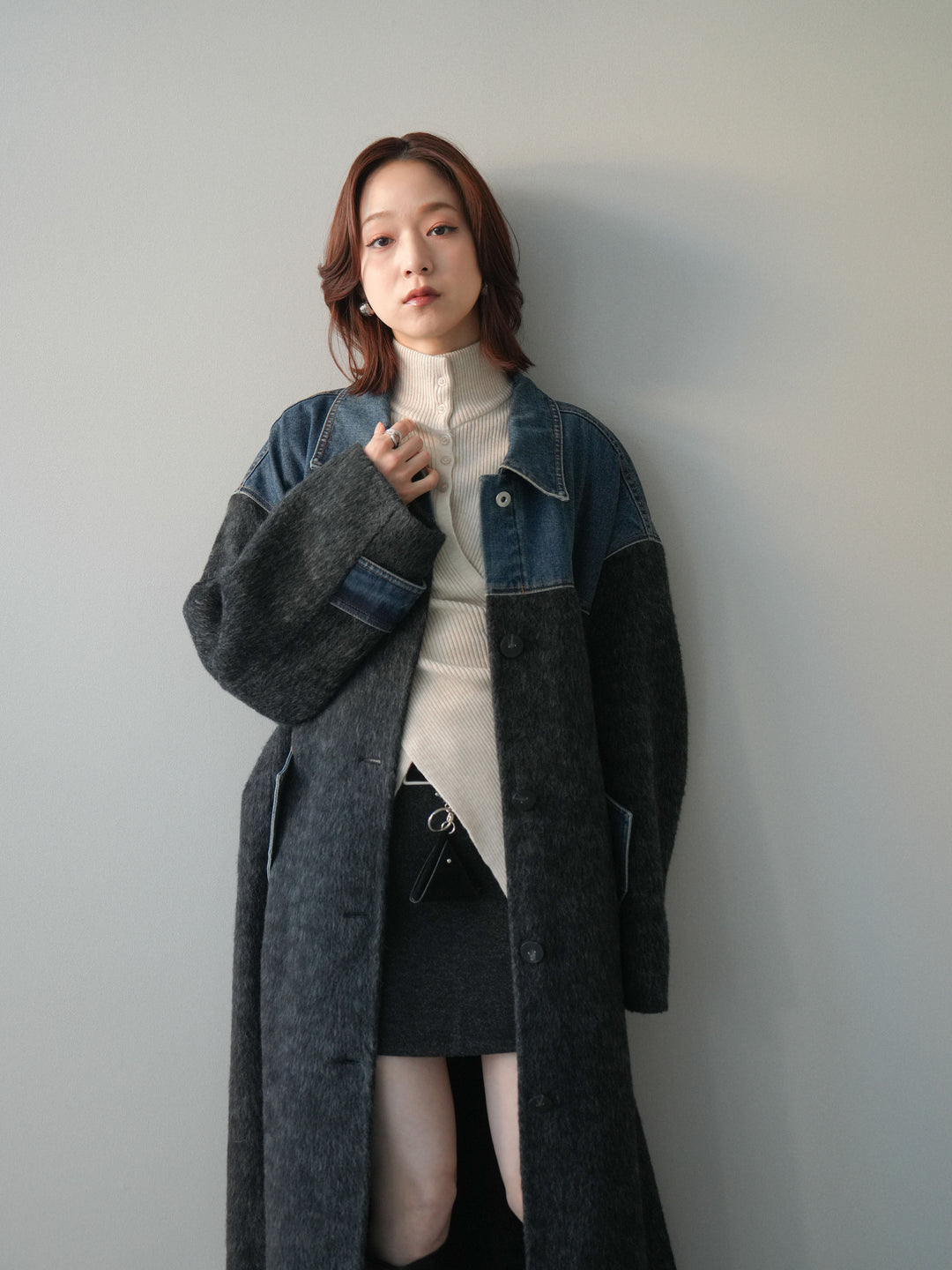 [SET]デニム切替シャギーステンカラーコート+ウールタッチベルト付ミニスカート(2set)