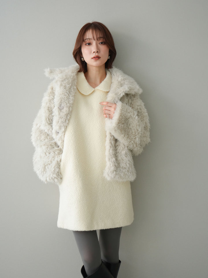 [SET]襟付きブークレミニワンピース+フェイクファー襟付きショートブルゾン(2set)
