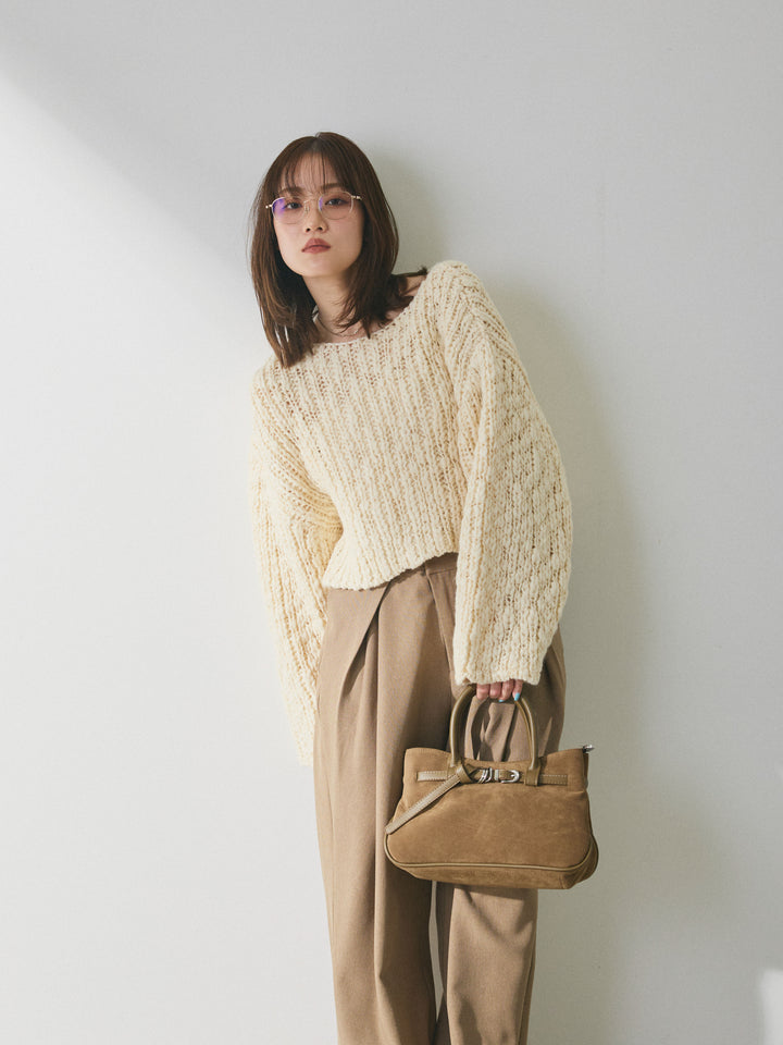 【Allure】[SET]クロップドチャンキースラブニットプルオーバー+アシンメトリーウエストタックパンツ(2set)