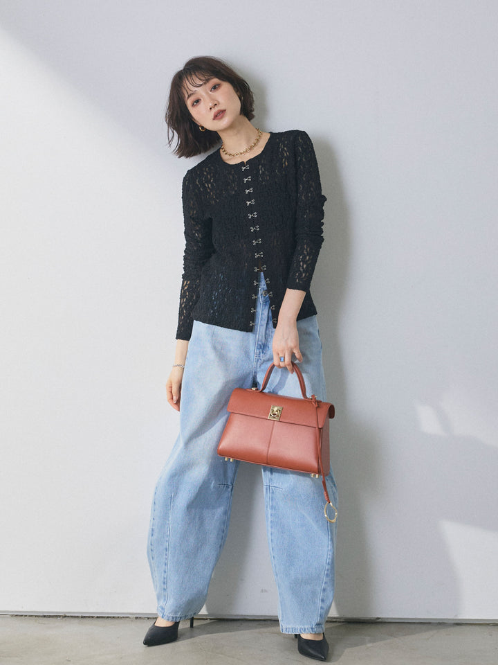 【魅力】[套裝] 金色紐帶針織開襟衫 x 蕾絲襯衫套裝 + 不對稱曲線牛仔褲（兩件套）