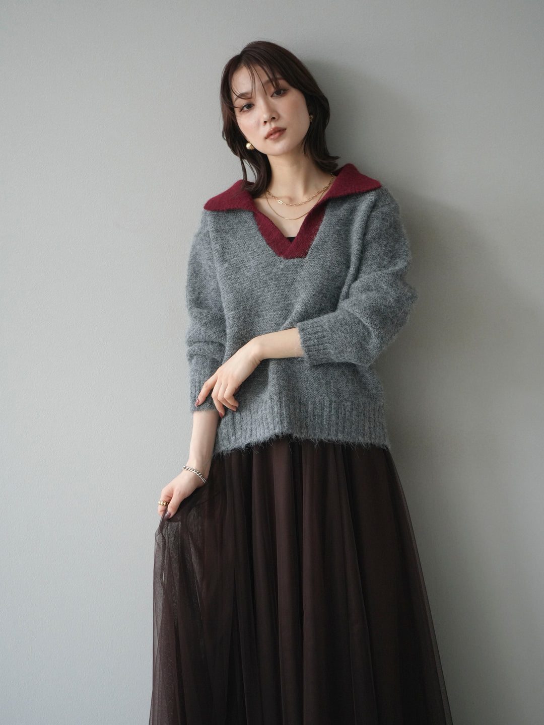 [予約]バイカラー襟付きニットプルオーバー/gray