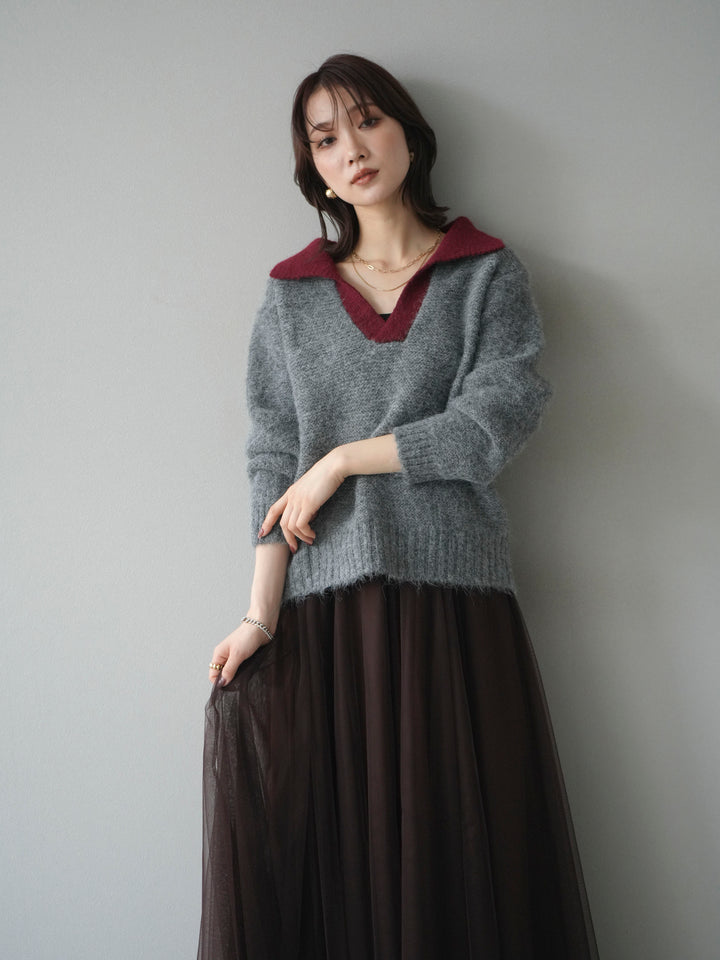 [予約]バイカラー襟付きニットプルオーバー/gray