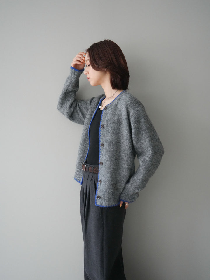 [SET]三角ステッチニットカーディガン+アニマル柄ベルト付きウールタッチワイドパンツ(2set)