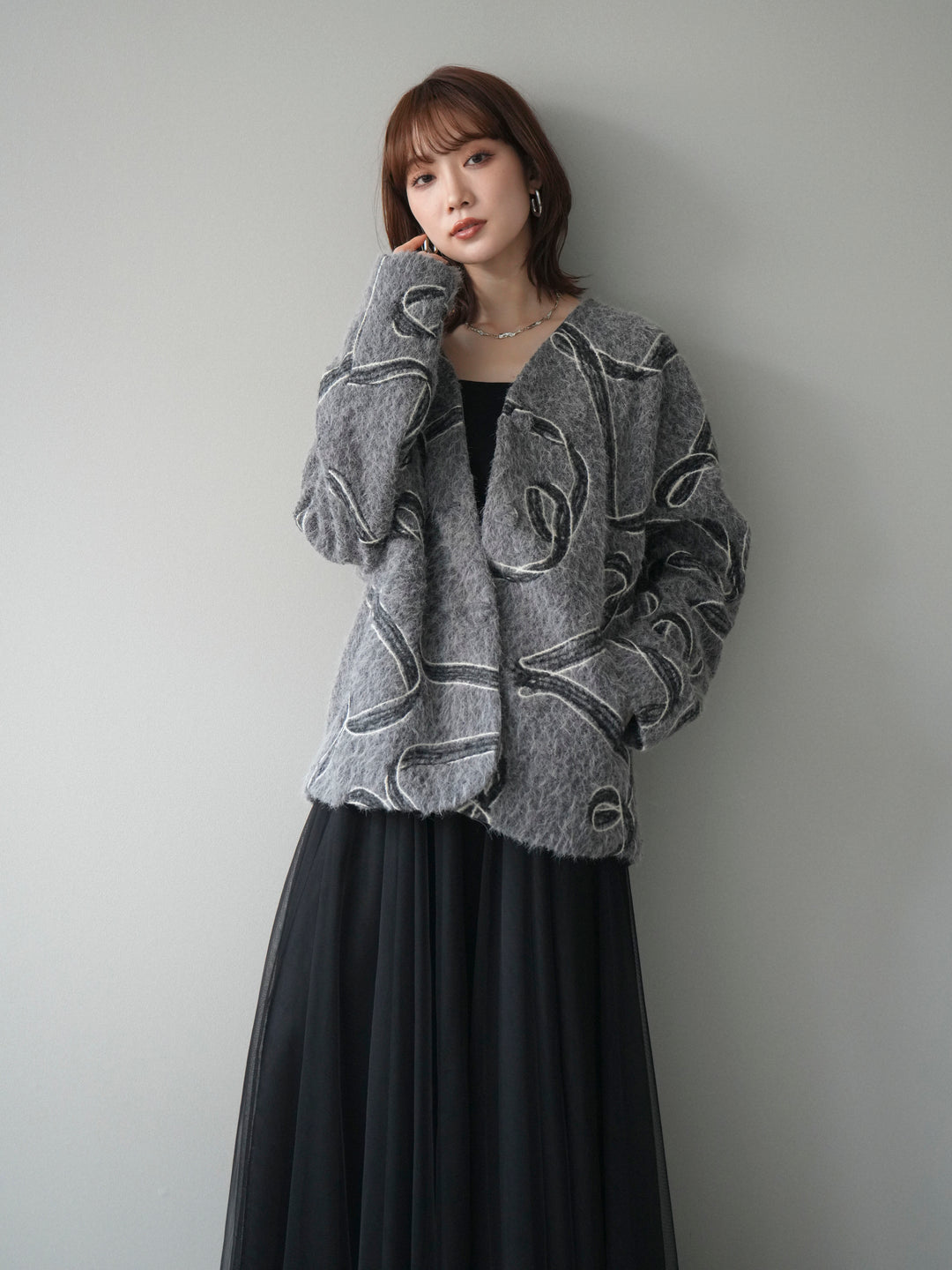 [予約]ニュアンス刺繍ブークレニットジャケット/gray