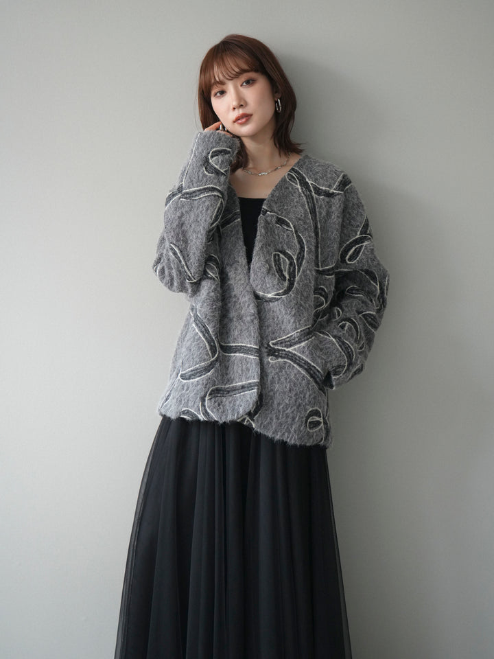 [予約]ニュアンス刺繍ブークレニットジャケット/gray