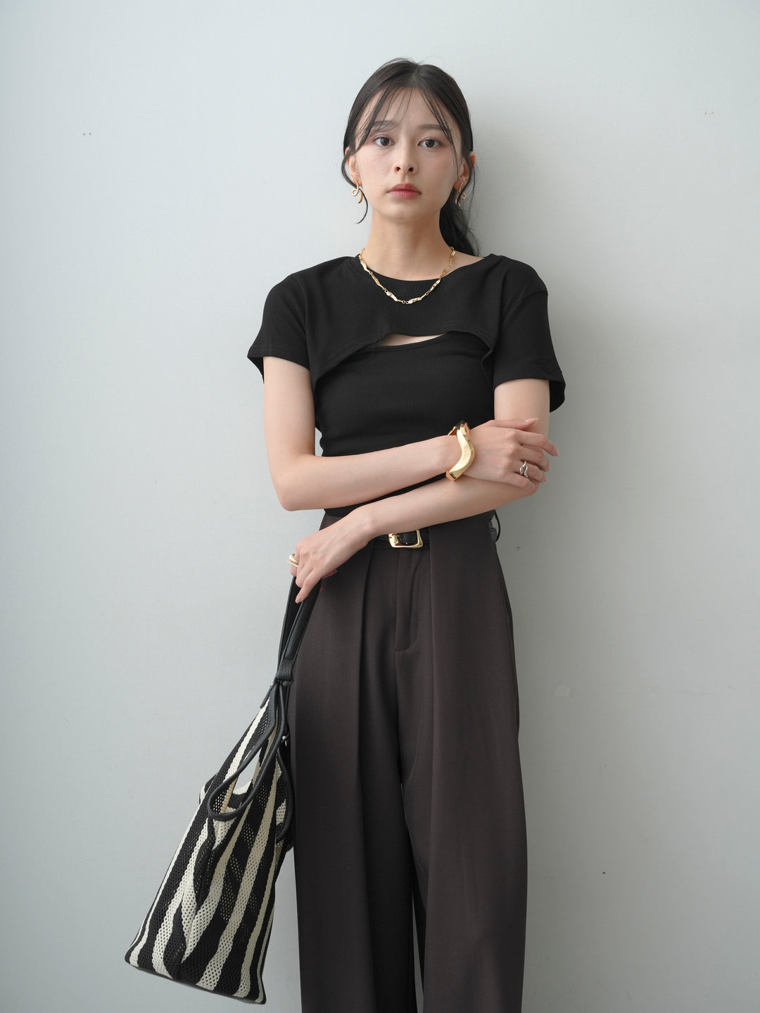 [SET]フロントオープンレイヤードトップスセット+ベルトループデザインワイドパンツ(2set)