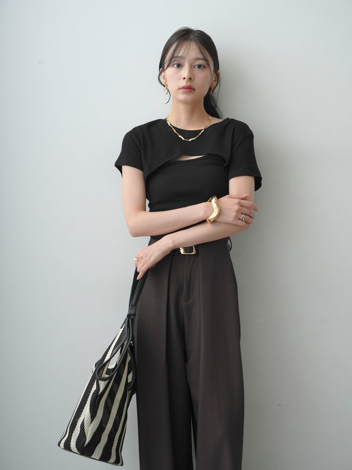[SET]フロントオープンレイヤードトップスセット+ベルトループデザインワイドパンツ(2set)