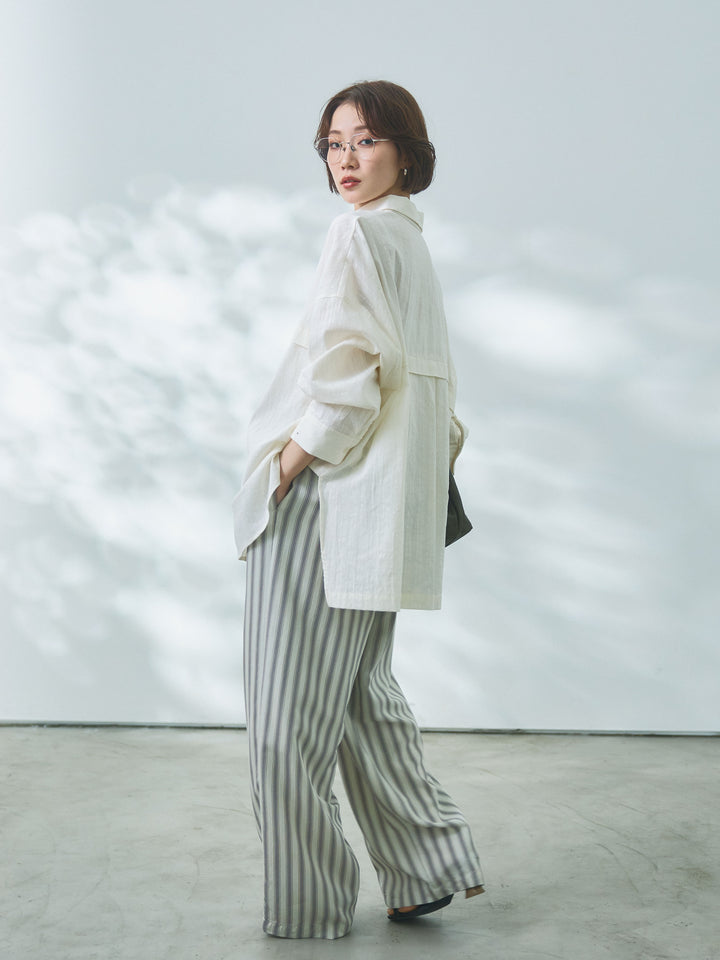 【Allure】[SET]スプリングスラブワイドシャツ+ストライプイージーパンツ(2set)