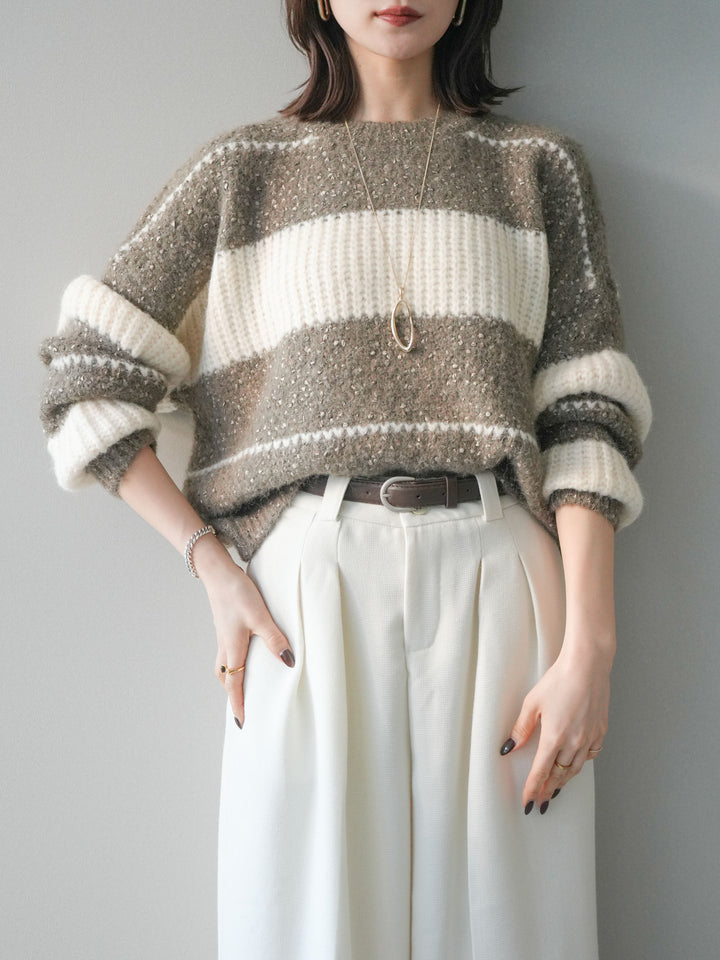 [予約]ネップヤーンボーダーニットプルオーバー/mocha