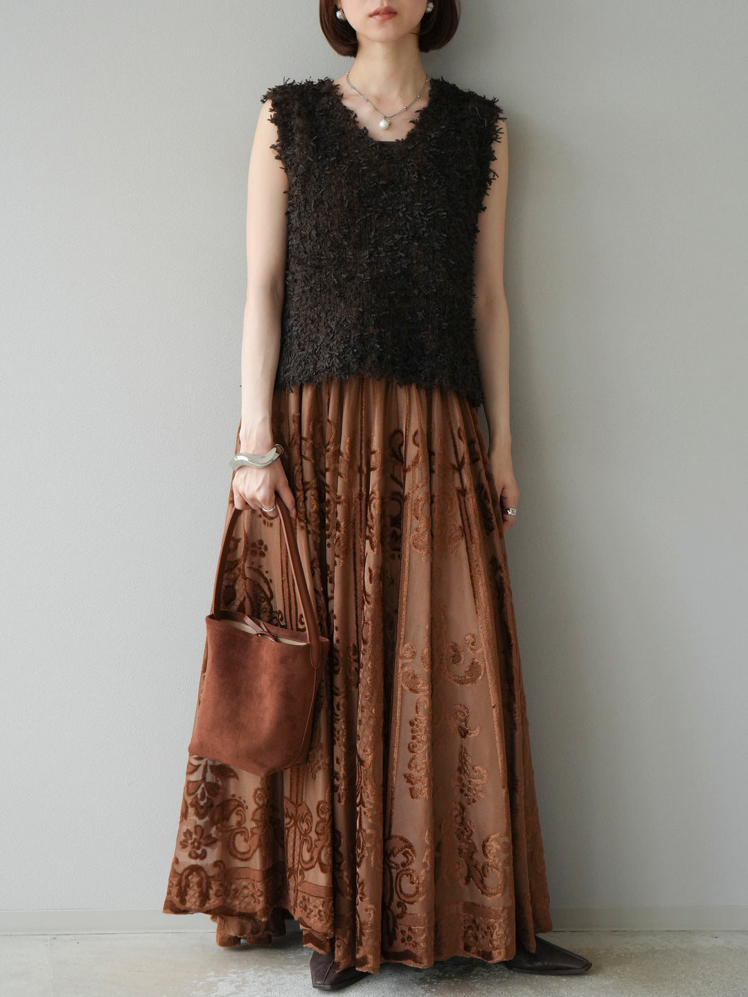 [予約]アンティーク柄フロッキーマキシスカート/ブラウン