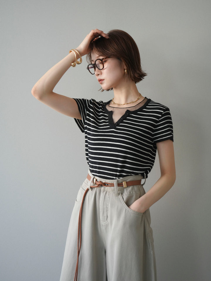 [予約]チュールレイヤードボーダーサマーニット/black