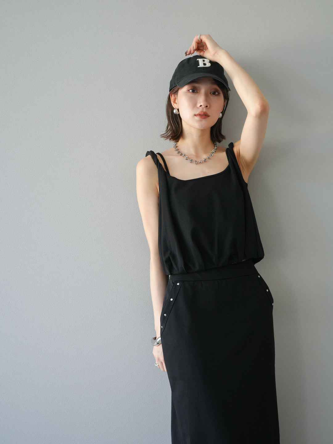 [SET]ミニ裏毛ツイストキャミバルーントップス＆Iラインスカート(2set)