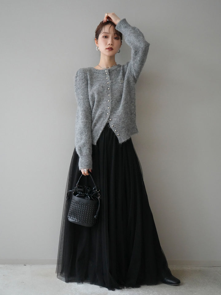 [SET]ブローチ付silverボタンミックスニットカーディガン+チュールボリュームスカート(2set)