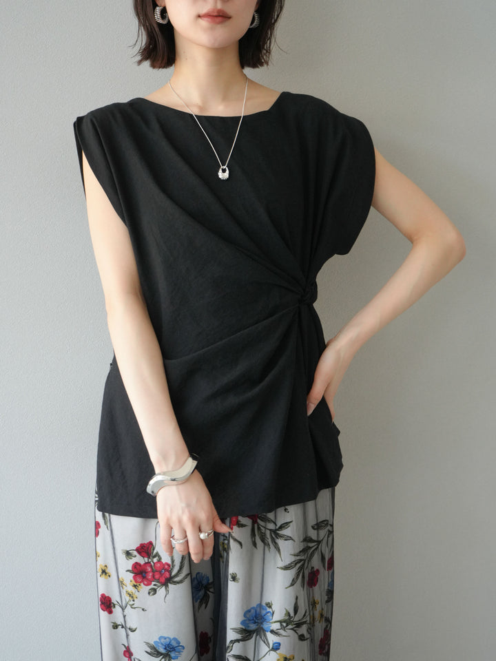 [SET] 側扭法式上衣+植物圖案休閒褲+繩繡薄紗疊穿褲（3件套裝）