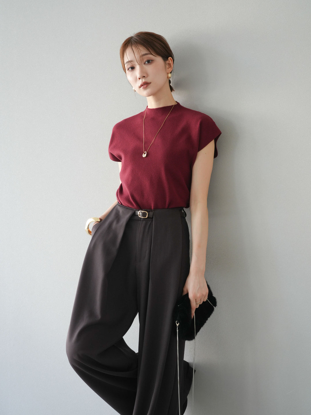 [予約]プチネックフレンチニットトップス/レッド