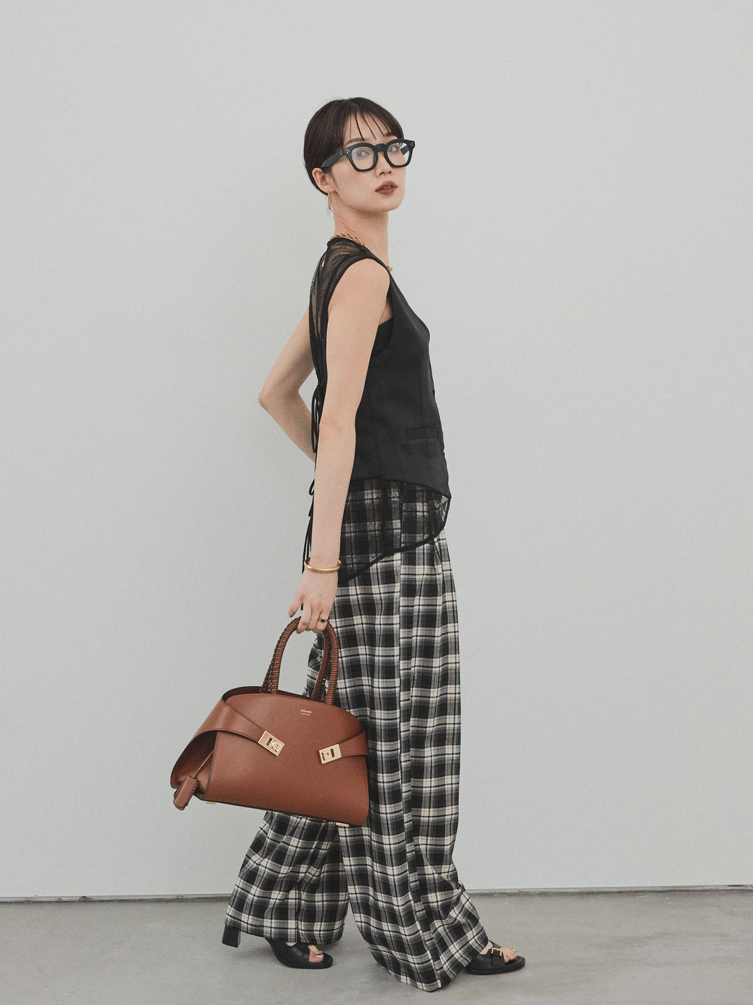 【預購】格紋寬褲/黑色