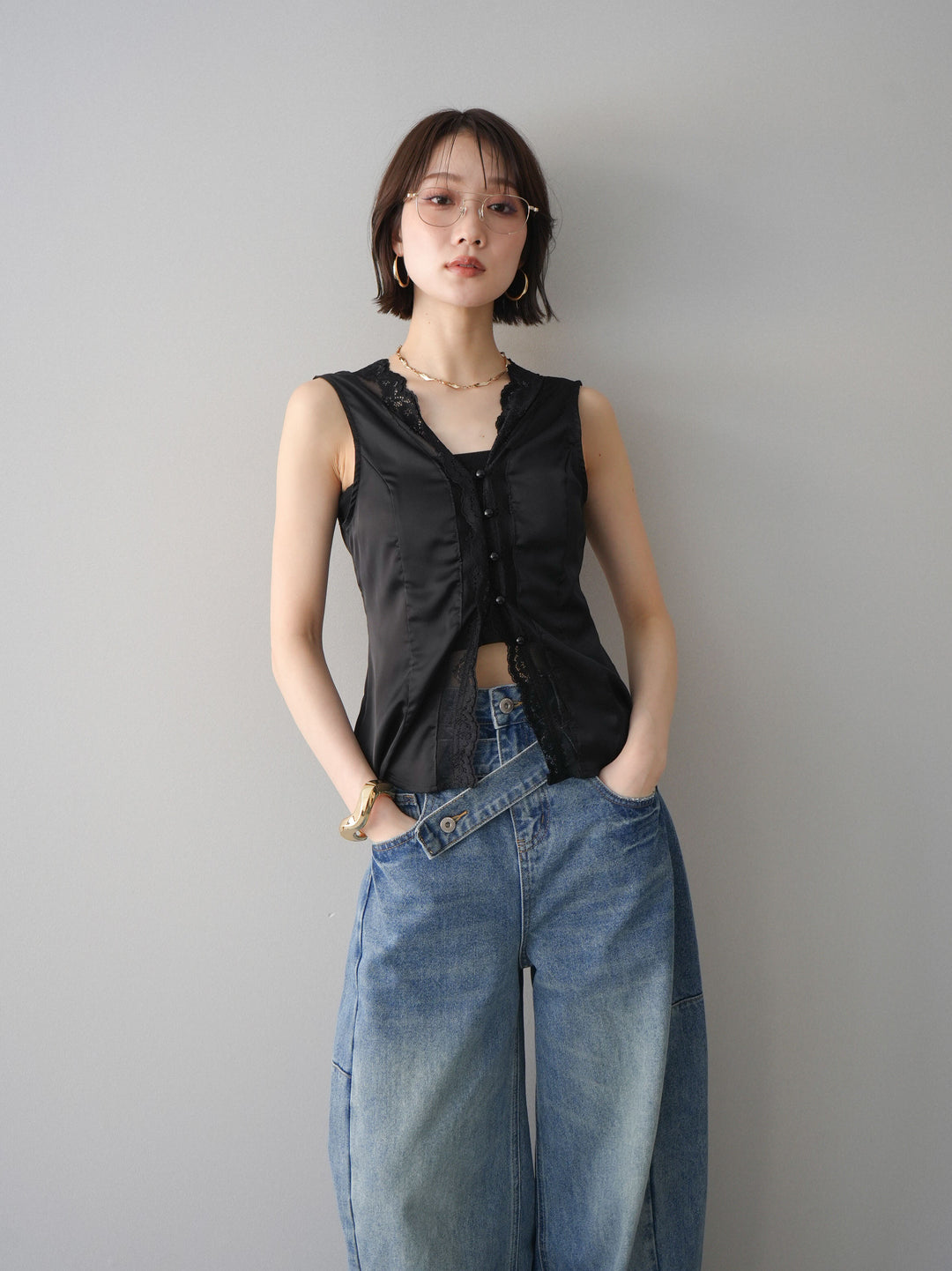 [予約]ノースリサテンレースキャミソール/black