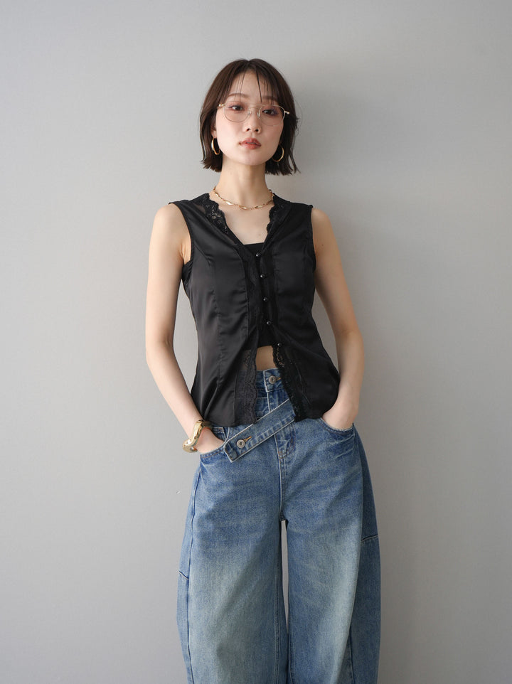 [予約]ノースリサテンレースキャミソール/black