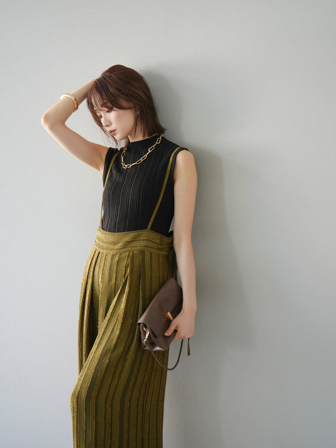 [予約]ジャガードストライプサロペット/カーキ