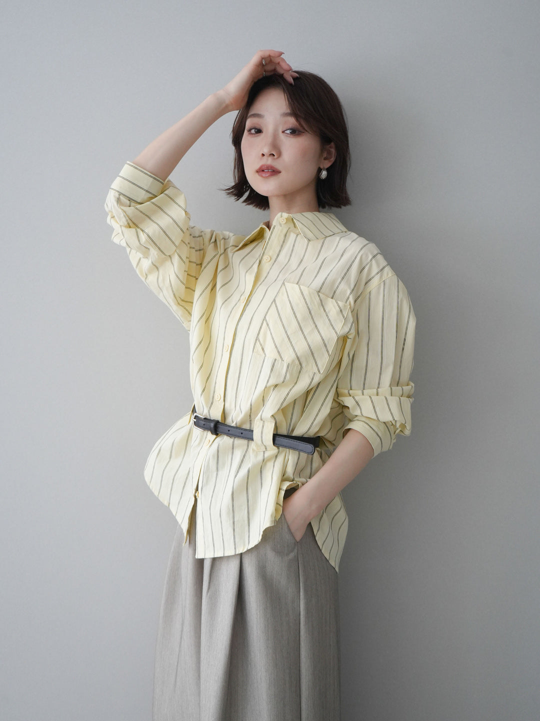 [予約]ベルト付ストライプロングシャツ/yellow