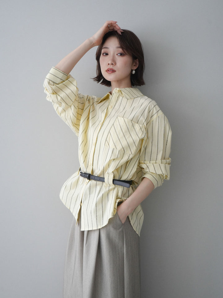 [予約]ベルト付ストライプロングシャツ/yellow