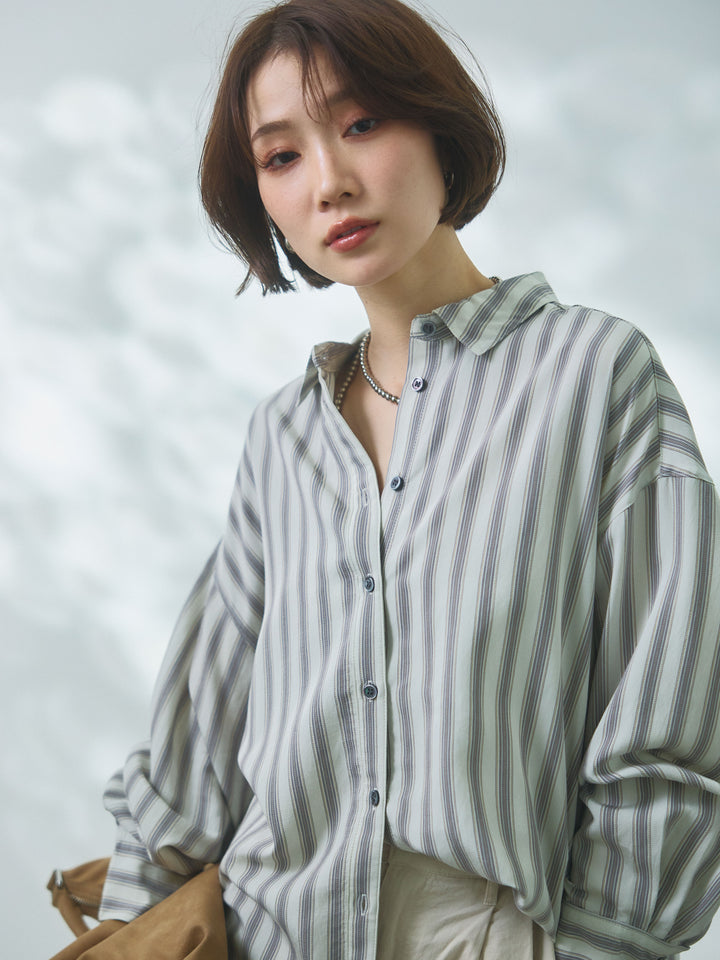 【Allure】[SET]ストライプオーバーシャツ+カットオフコットンツイルタックワイドパンツ(2set)