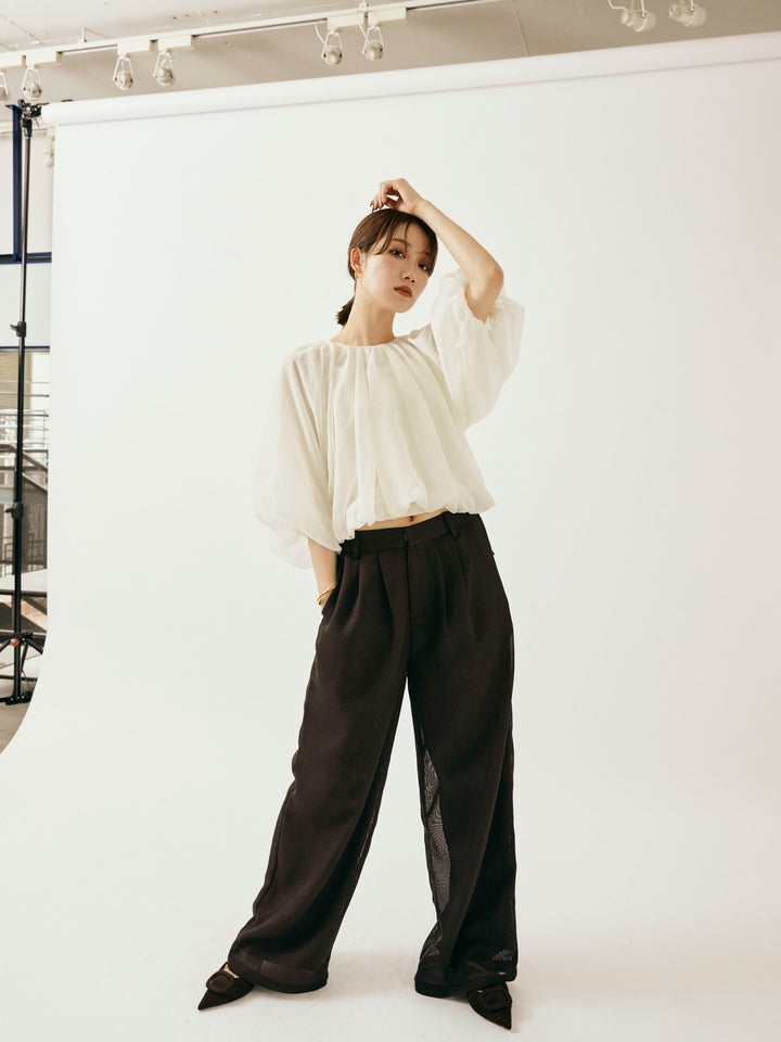 [予約]メッシュタックワイドパンツ/ブラウン