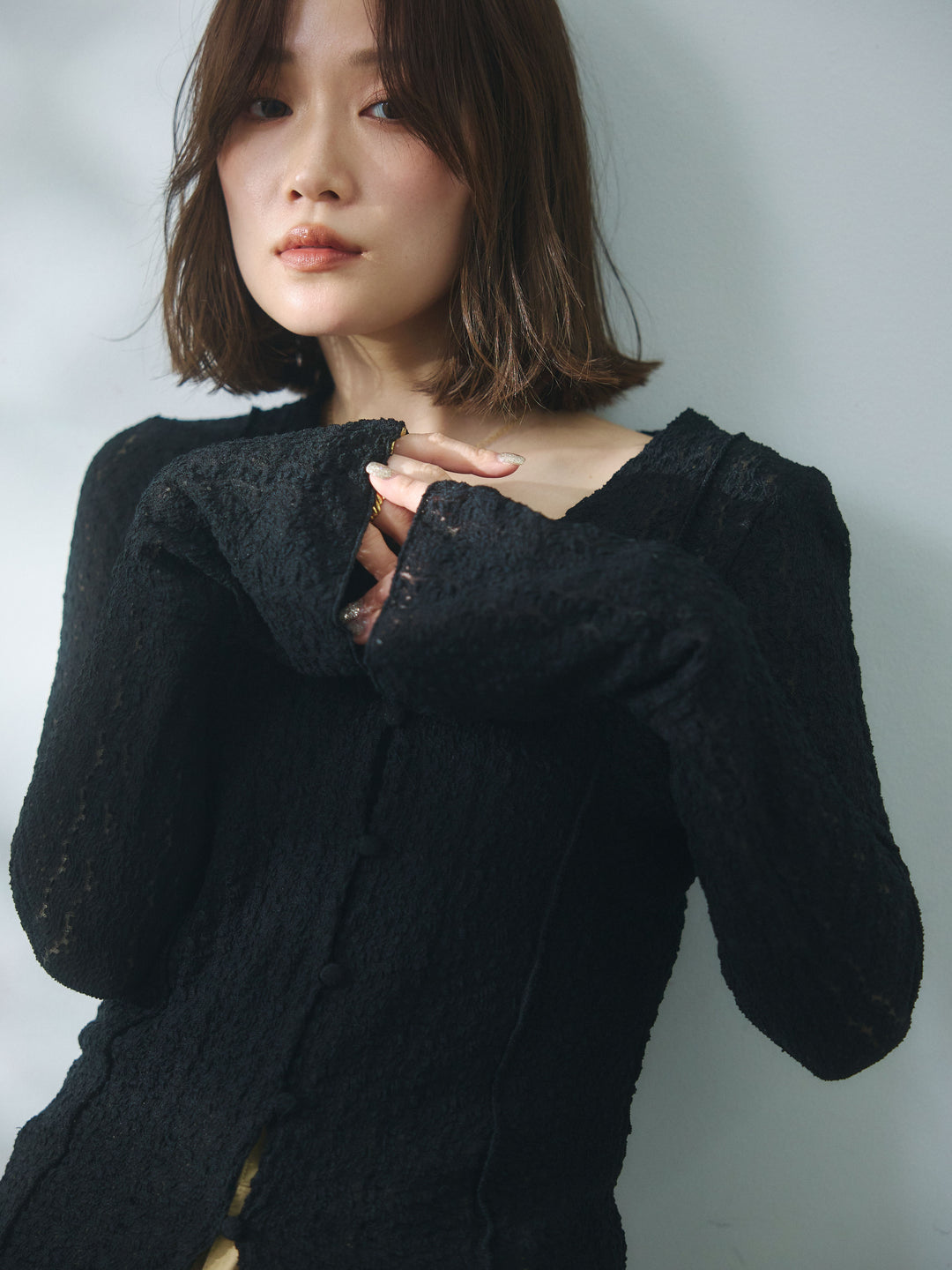 【Allure】[SET]ストレッチレースカーディガン+カットオフコットンツイルタックワイドパンツ(2set)