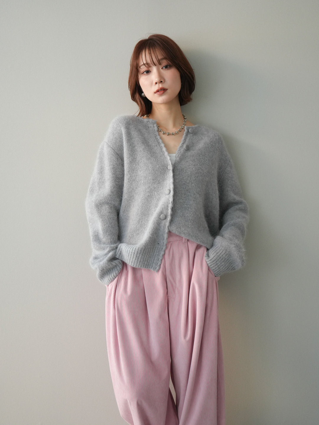 [SET]くるみボタンニットカーディガン+コーデュロイサイドタックコクーンパンツ(2set)