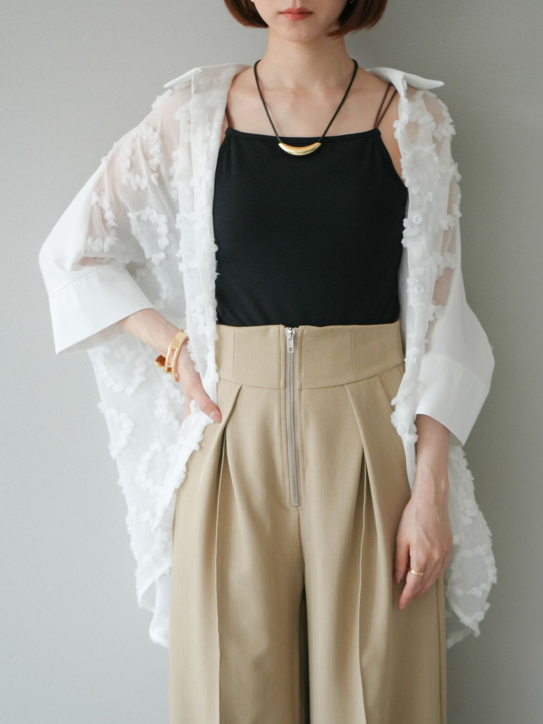 [預訂] 混合材質透視半身襯衫/白色