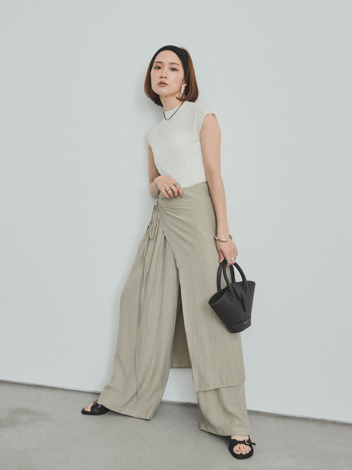 [SET]フレンチスリーブシアーニットトップス+ワッシャーサテンレイヤードスカートパンツ(2set)