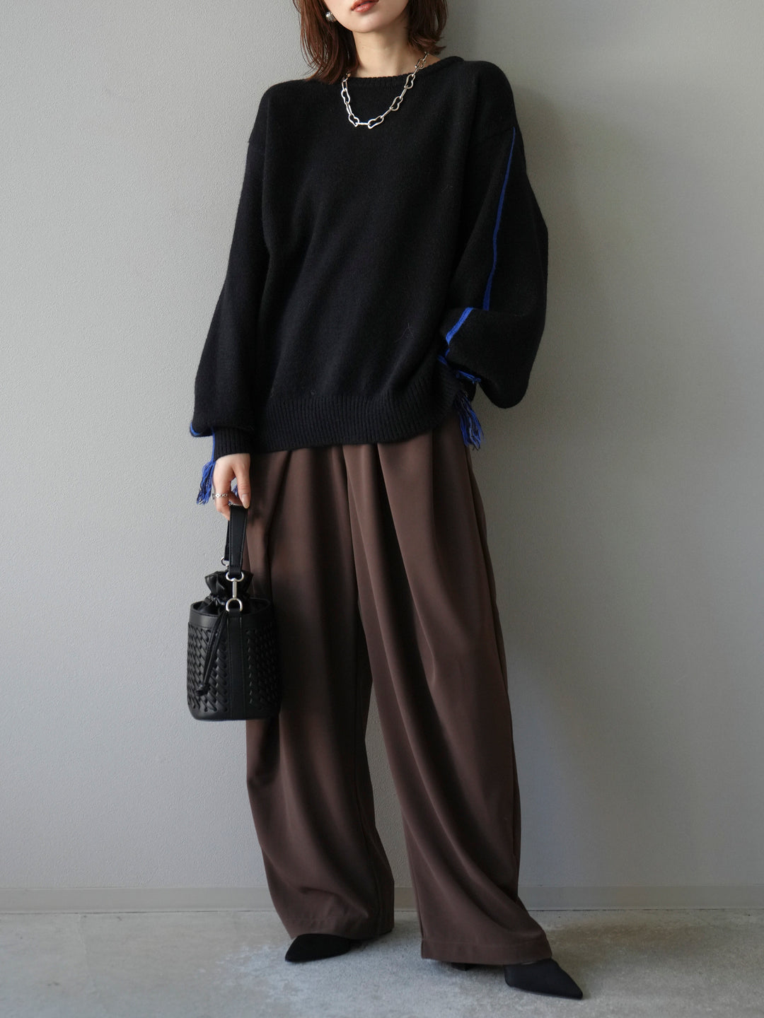 [予約]配色ステッチフリンジニットプルオーバー /ブラック