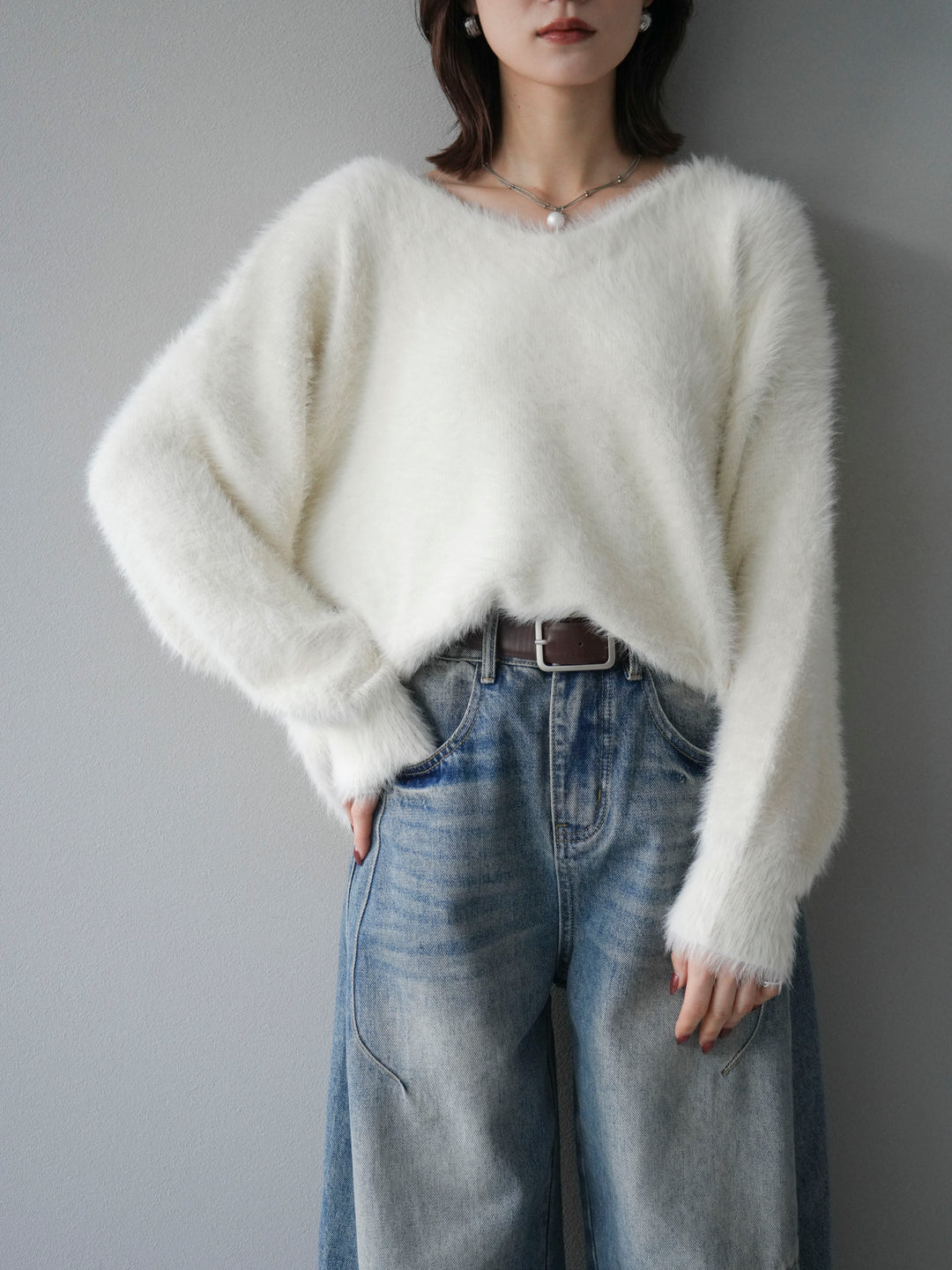 [予約]バックリボンVネックシャギーニットプルオーバー/ivory