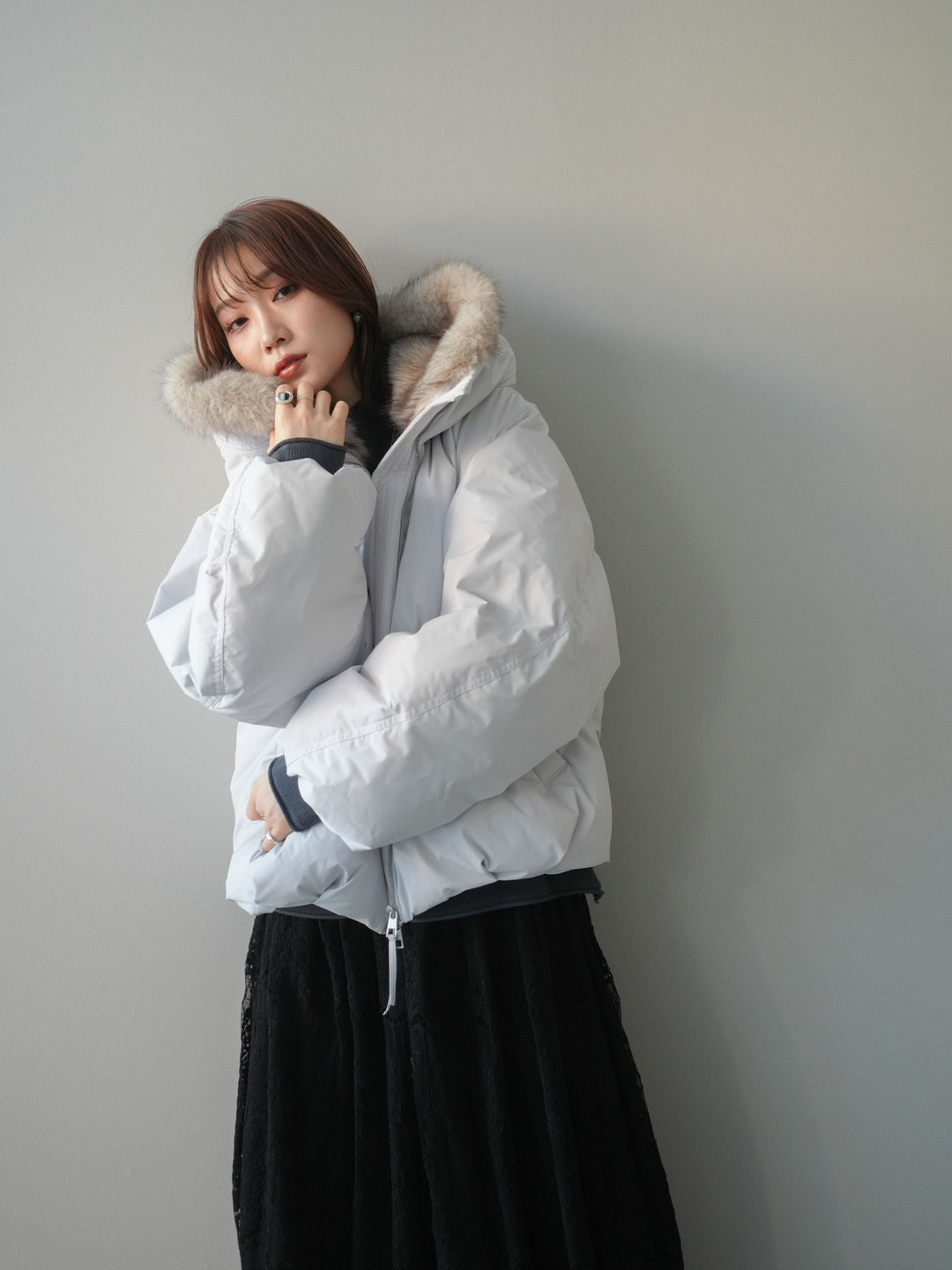 [予約]フードファーショートダウンコート/lightgray