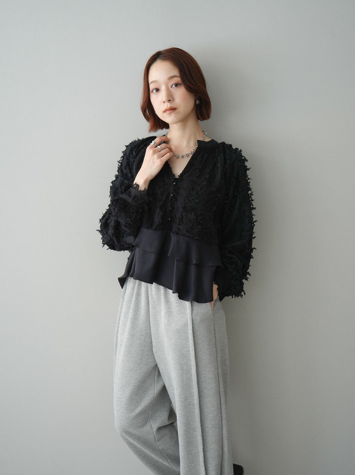 [SET]ジャガードぺプラムフリルブラウス+2WAYデザインスウェットパンツ(2set)