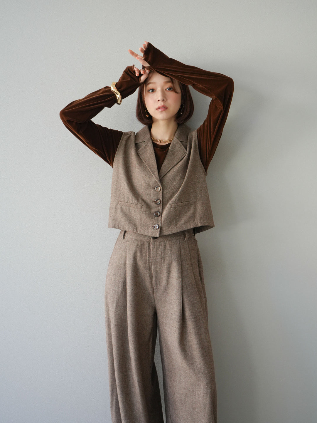 [予約]ツイードタッチテーラードジレ/ブラウン