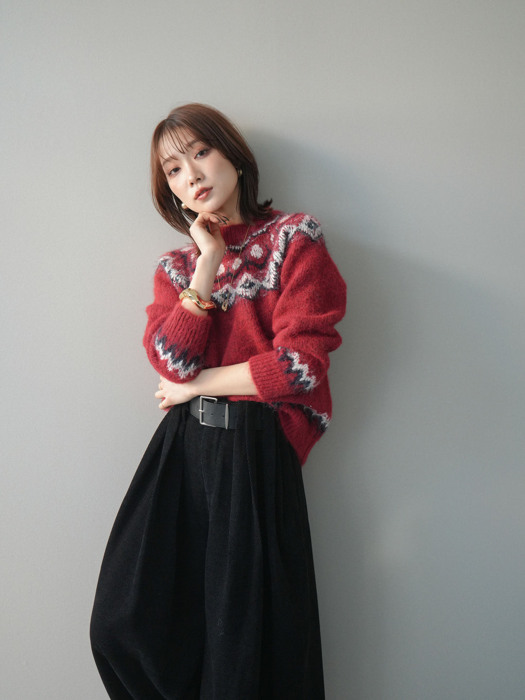 [SET]ソフトタッチ求心柄ニットプルオーバー+ベルトデザインループコールテンワイドパンツ(ベルト付き)(2set)