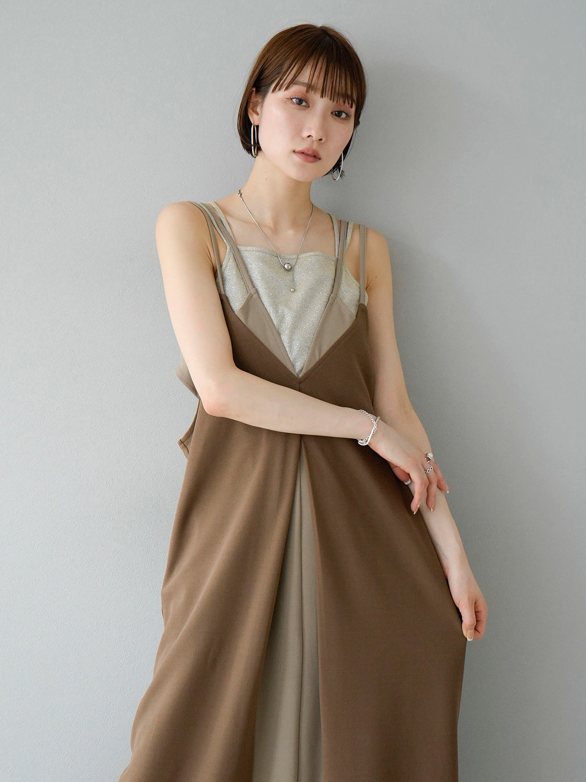 SET]バイカラーレイヤードデザインキャミワンピース+ダブルストラップ